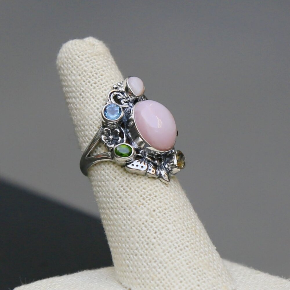 Bali Legacy ✦ Pink Opal & Multi Gemstone Ring ✦ 5.40ctw Sterling Silver Floral - Picture 10 of 16